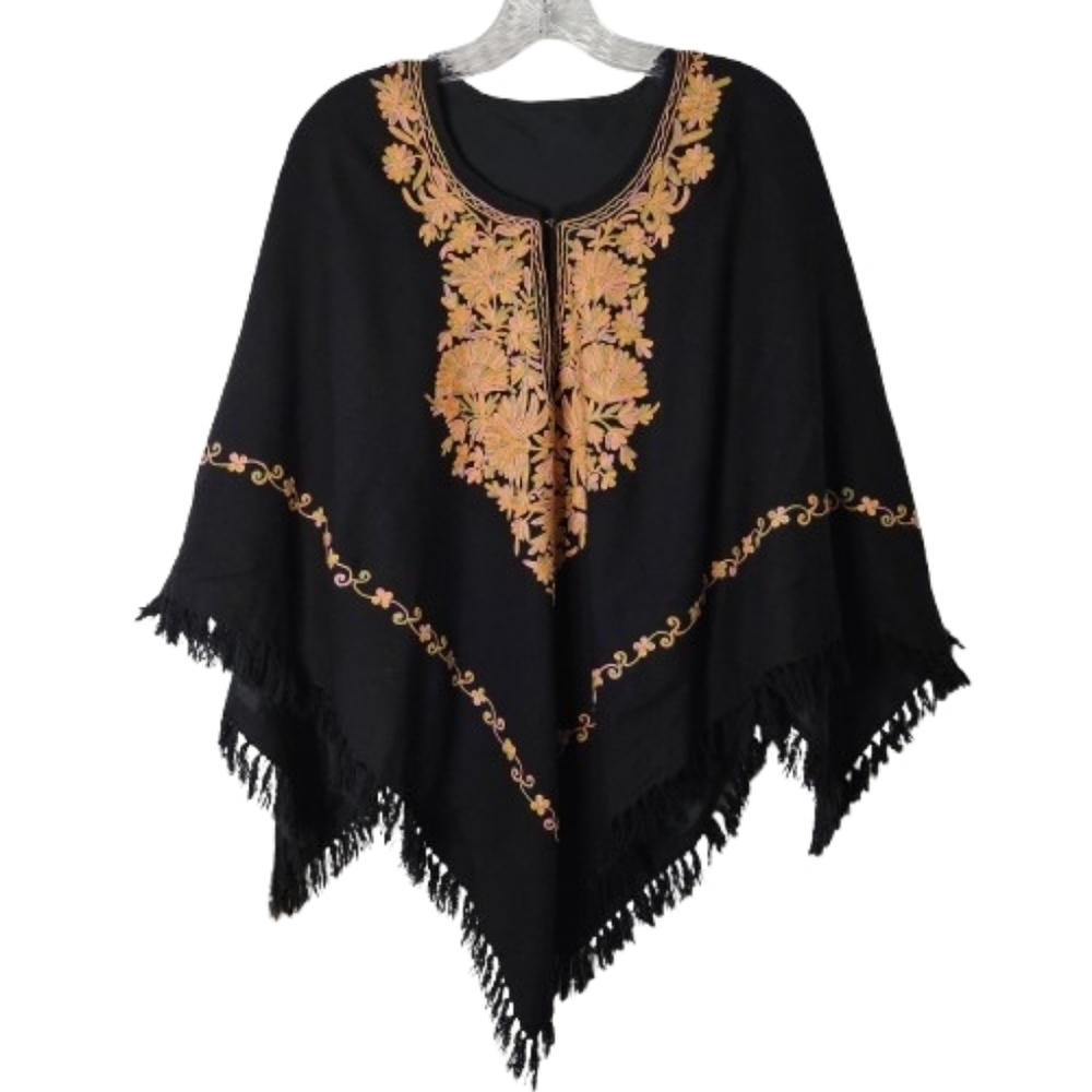 Embroidered Poncho Black Boho Fringe Hem Oversized Festival Top Bohemian Artsy - Picture 3 of 14